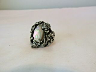 Vintage Sterling Silver Mermaid & Fish Ring With An Abalone Size 5.  5
