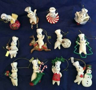Pillsbury Doughboy 12 Glitter Christmas Ornaments W/ Danbury - Vintage