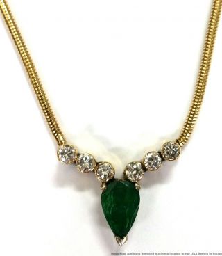 Vintage 14k Yellow Gold Natural Emerald Fine Diamond Ladies Chevron Necklace