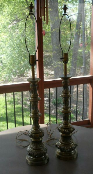 Pair Vintage 42 Inch Tall Brass Candlestick Banquet Buffet Lamps 3 Way Switch