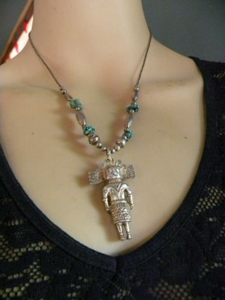 Vintage Turquoise Sterling Silver Hopi Kachina Doll Pendant Necklace 17 "