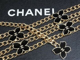Auth Chanel Vintage Belt Gold Chain Black Flower Motif Coco Mark Full L33.  9 "