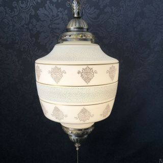 White Frosted Glass 19” Brass Mcm Hanging Swag Ceiling Lamp Light Vintage Retro
