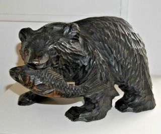 Vintage Carved Wooden Bear With Salmon Ainu Kuma Japan Black Forest Large C307