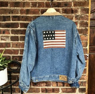 Vintage Polo By Ralph Lauren Denim Jacket Sz Large L American Flag Polo Country