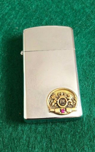 Rare Vintage Zippo Slim Lighter Philip Morris Ruby In Gold Tone Emblem Lions