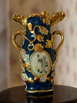 Vintage Miniature Dollhouse Porcelain Artisan Double Handle Vase 10k Gold France