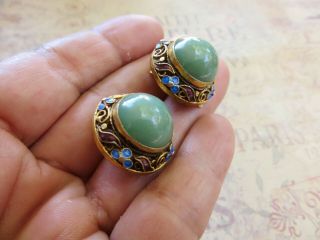 Vintage Chinese Export Silver & Enamel Jade ? Clip On Earrings 7