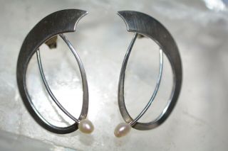 Ed Levin - Sterling Silver Modernist Earrings With Pearl Rare