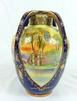 Vintage Hand Painted Nippon Vase 4 Panel With 4 Cobalt Handles And Gold Detail