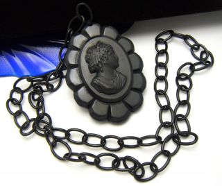 Antique Large Mourning Cameo Pendant Celluloid Chain