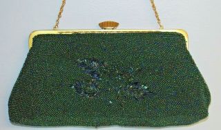 Vintage Small Beaded Purse Evening Bag Made In France Blue Green Gold Black Bead