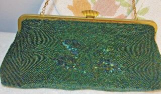 Vintage Small Beaded Purse Evening Bag Made In France blue green gold black bead 2