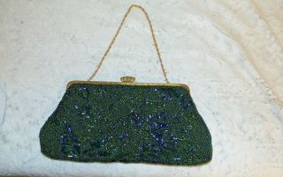 Vintage Small Beaded Purse Evening Bag Made In France blue green gold black bead 3