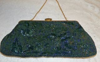 Vintage Small Beaded Purse Evening Bag Made In France blue green gold black bead 4