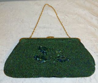 Vintage Small Beaded Purse Evening Bag Made In France blue green gold black bead 5