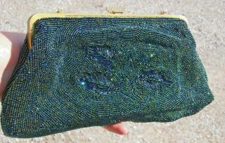 Vintage Small Beaded Purse Evening Bag Made In France blue green gold black bead 8