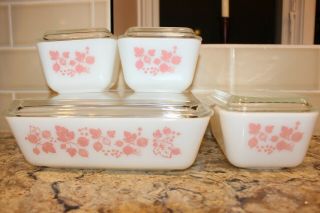 Vintage Pyrex Gooseberry Pink On White Complete Refrigerator Dish Set W/lids Euc