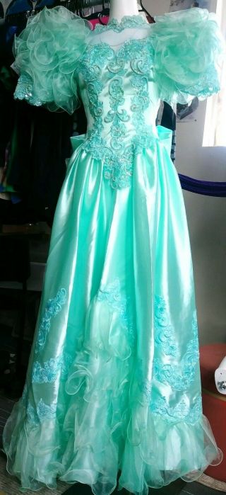Vtg 80s Prom Dress Aqua Size 4 Sequin Bead Jewel Puffy Sleeve Fromclosedshop