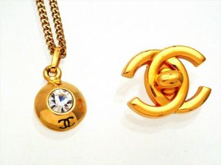 Authentic Vintage Chanel necklace chain CC logo rhinestone round charm ne2201 3
