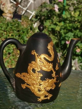 Vintage Chinese / Japanese Black Lacquer Teapot With Gold Dragon Inlay