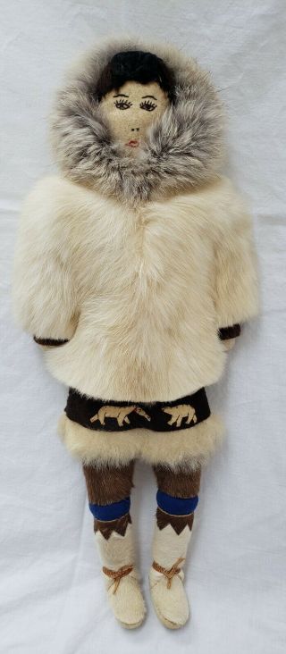 Vintage Fancy Handmade Eskimo Doll With Cloth Face And Real Fur 16 "