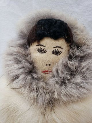 Vintage Fancy Handmade Eskimo Doll with cloth face and real fur 16 