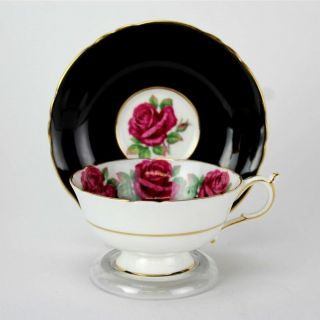 Vtg Paragon Fine English Bone China Black Glazed Red Rose Teacup Saucer Set Gtf