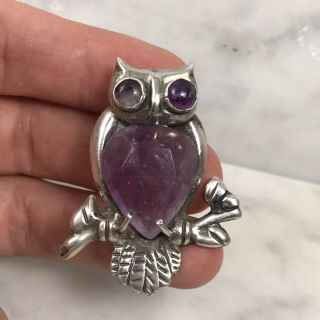 Vintage Taxco Mexico Sterling Silver Mexican 925 Amethyst Owl Bird Pin Brooch