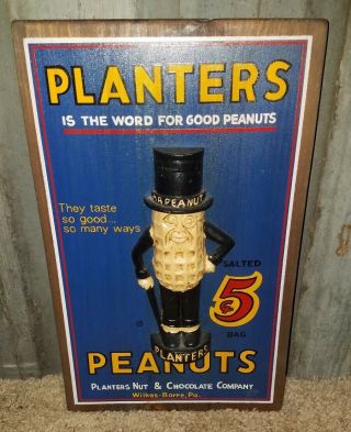 Planters Peanuts Mr.  Peanut 3 Dimensional Wood Display Sign 5 Cent Vintage