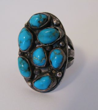 Early Vintage W N Navajo Sterling Silver & 7 Nugget Turquoise Large W Nez Ring