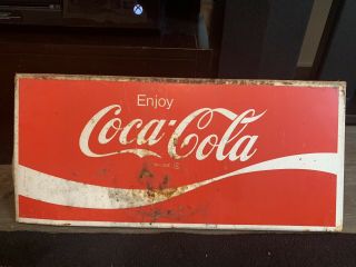 Vintage Enjoy Coca Cola Coke Soda Metal Sign 1960s Gas Station Advertisement