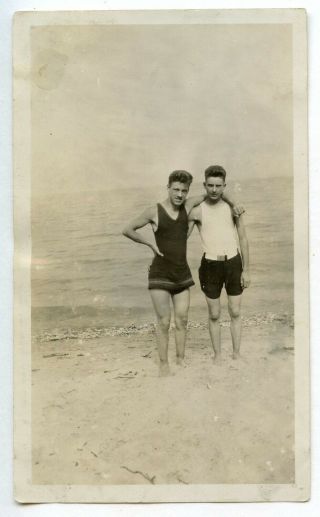 16 Vintage Photo Affectionate Swimsuit Buddy Boys Men At Beach Snapshot Gay