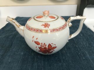 Rare Vintage Herend Hungary Porcelain Rust Chinese Bouquet Teapot