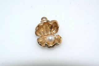 Vintage Cultured Pearl In Shell 10k Yellow Gold Charm Pendant