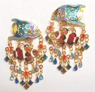 Lunch at the Ritz Two Tropical Fish & Crystal Rhinestone Reef Clip On Earrings 2
