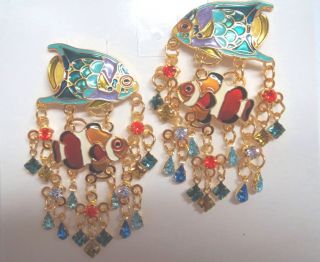Lunch at the Ritz Two Tropical Fish & Crystal Rhinestone Reef Clip On Earrings 3