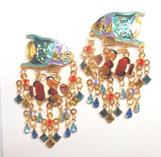 Lunch at the Ritz Two Tropical Fish & Crystal Rhinestone Reef Clip On Earrings 4