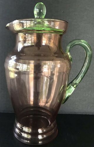 Vintage Depression Tiffin Glass Watermelon & Pink & Green Water Pitcher 11”