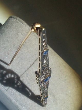 Vintage 14k Y&w Gold Bar Pin/brooch W/3 Blue Stones (sapphires?) 2 3/8 " Long&4.  2gr