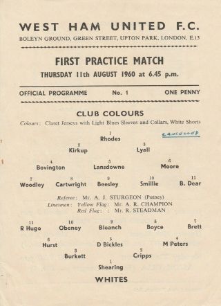 Rare: West Ham United First Practice Match 1960/61 - Match Never Played
