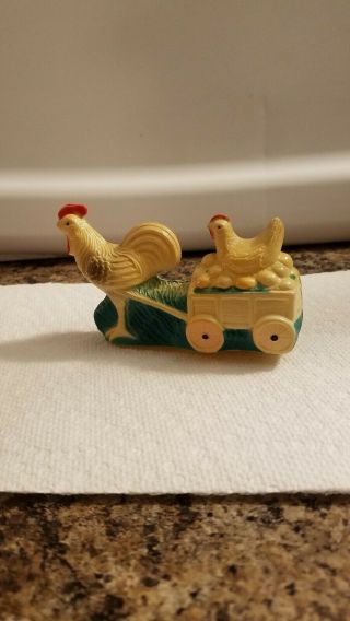 Vintage Celluloid Toy Rooster Pulling Chick In Wagon