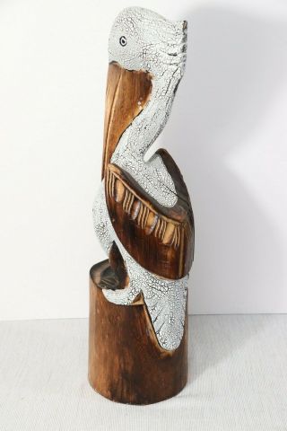 Large Vintage Wood Carved Carving Pelican On Post,  A Big 19 " Tall,  W/ Age Split