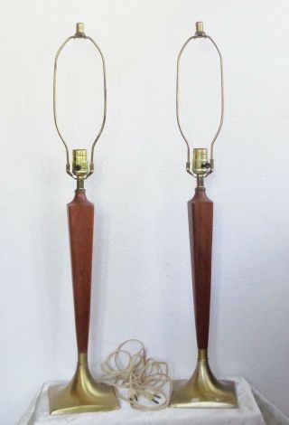 Set Of 2 Vintage Mid Century Modern Brass Walnut Laurel Table Lamps Eames Era