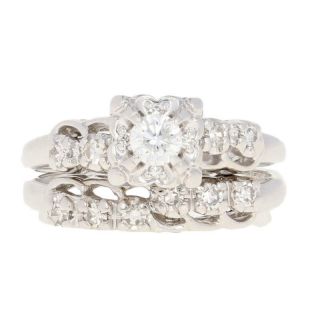 . 40ctw Round Brilliant Diamond Vintage Engagement Ring & Wedding Band - 14k Gold