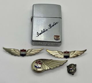 4 Vintage United Airlines Pins Badges & Lighter