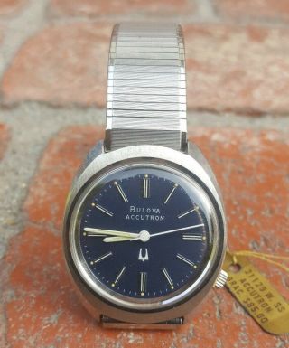 Vintage Old Stock Nos Bulova Accutron 218 Running Blue Dial Wrist Watch