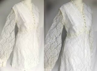 Vintage 60s 70s Mod White Floral Lace Victoriana Wedding Mini Dress S - M Uk 10