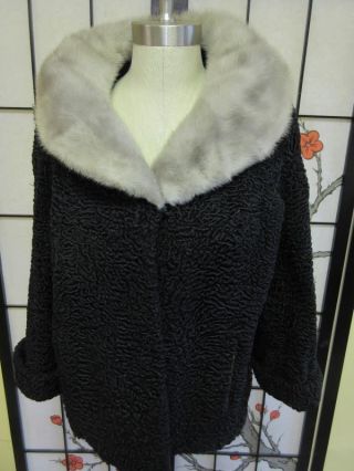 Vtg 50 Black Persian Lamb Swing Coat Silver Mink Fur Collar Short Cropped Jacket