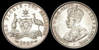 Australia: 1927 Kgv Silver 2/ - Florin.  Fully Lustrous Unc.  Mcd Cat $1450.  Rare